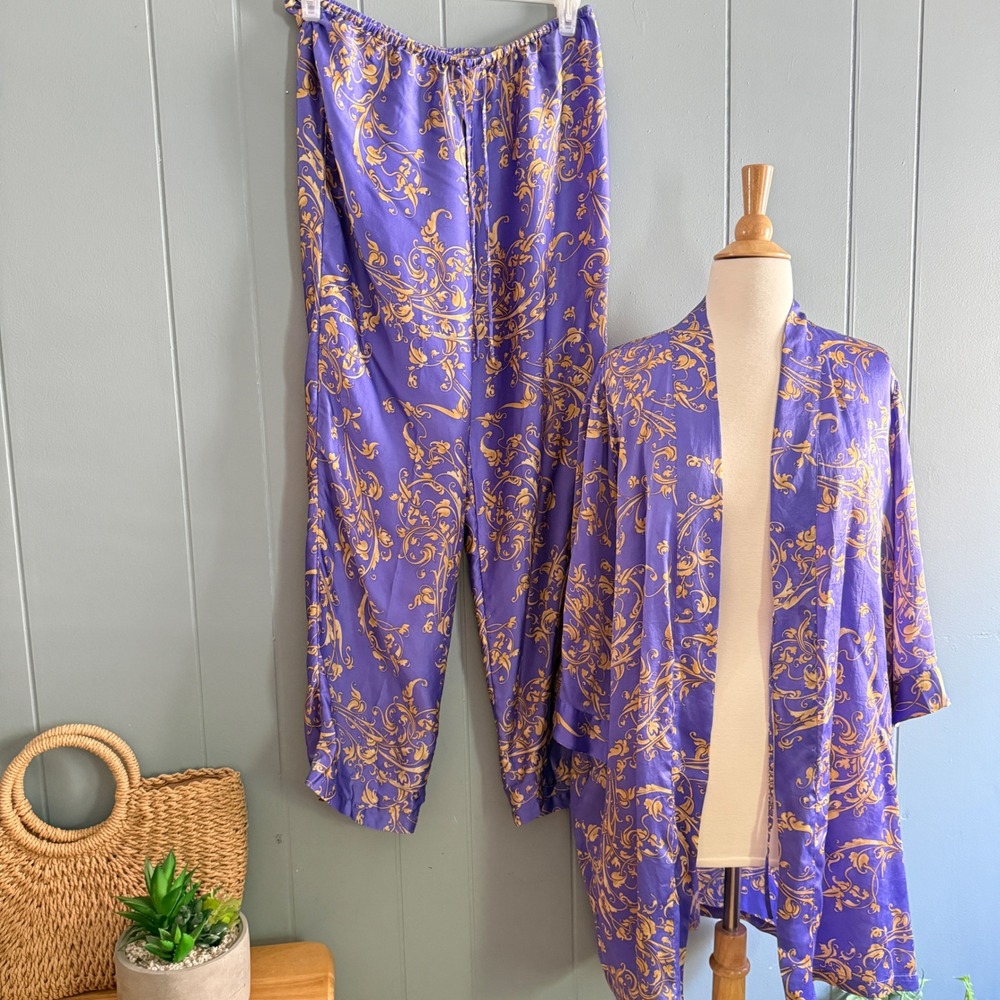 August Moon 100% Silk Pajama Purple Gold Baroque Kimono Robe Pants L Glamoratti